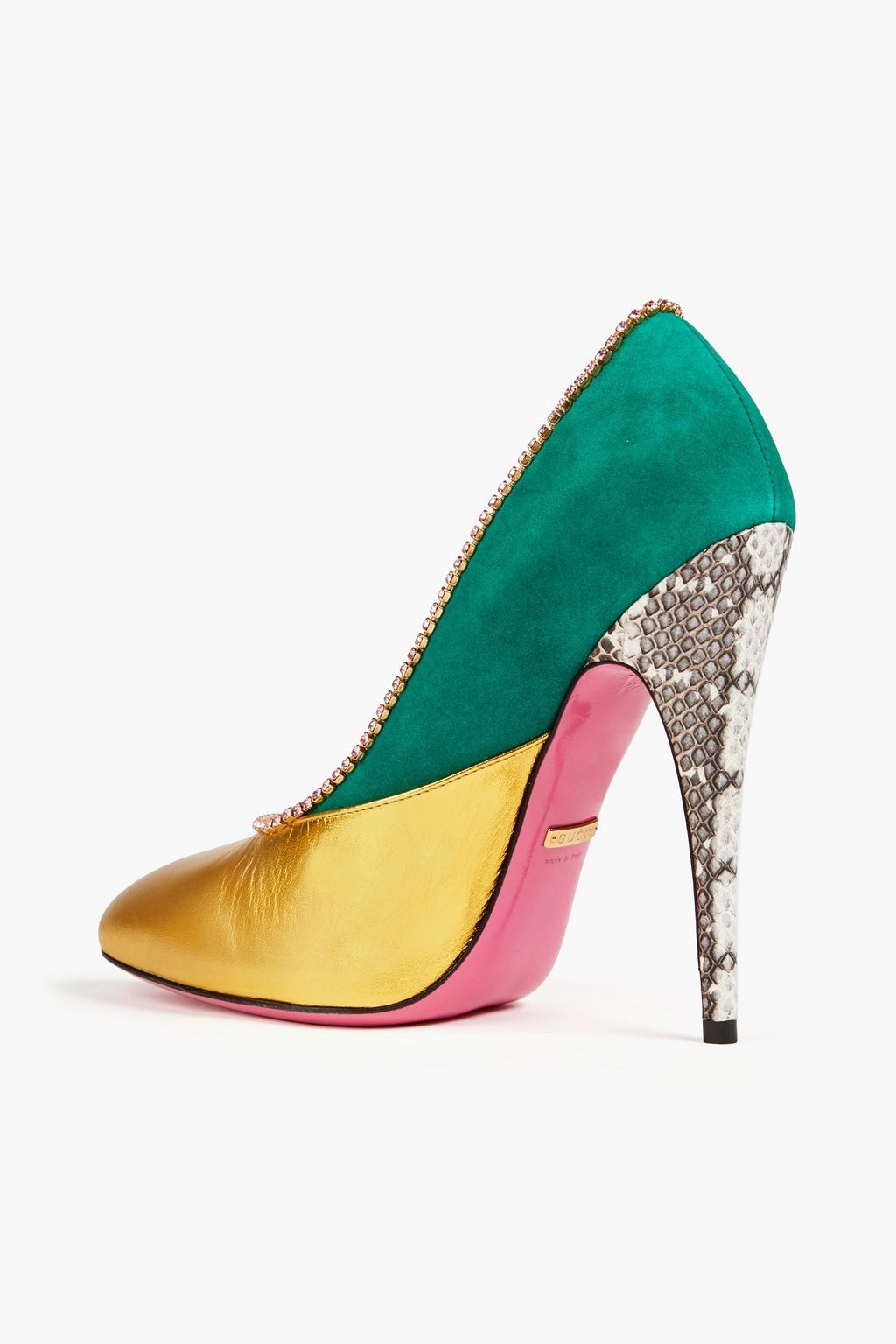 GUCCI Embellished metallic leather, suede and elaphe pumps