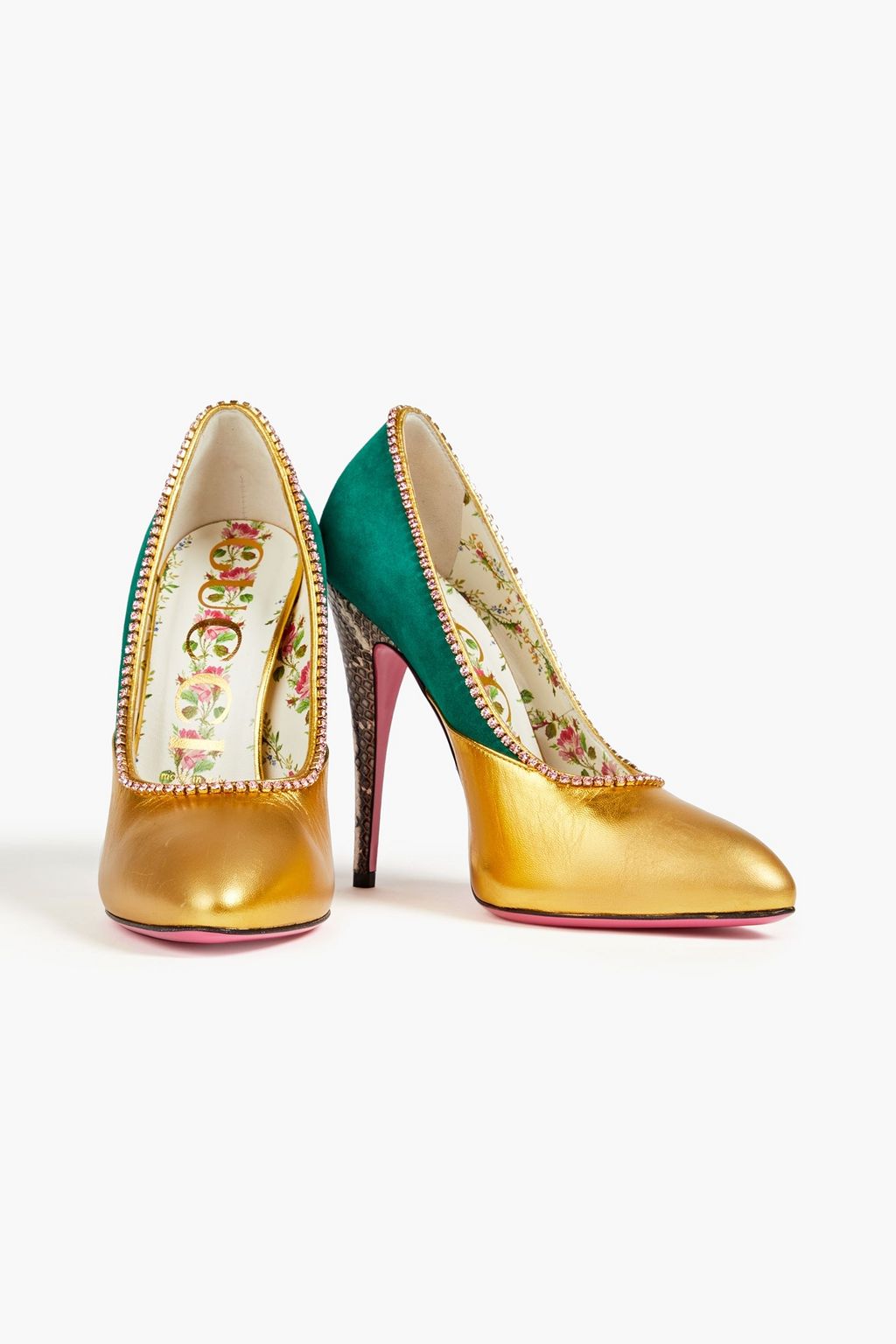 GUCCI Embellished metallic leather, suede and elaphe pumps