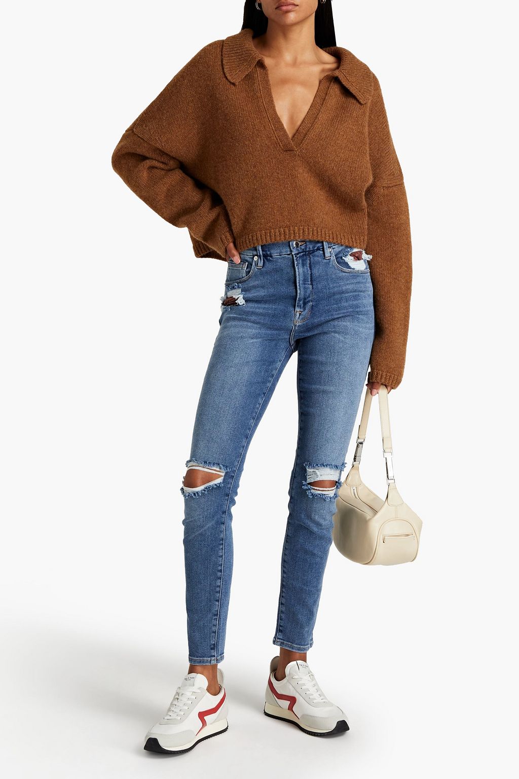 GOOD AMERICAN Hoch sitzende Skinny Jeans in Distressed-Optik