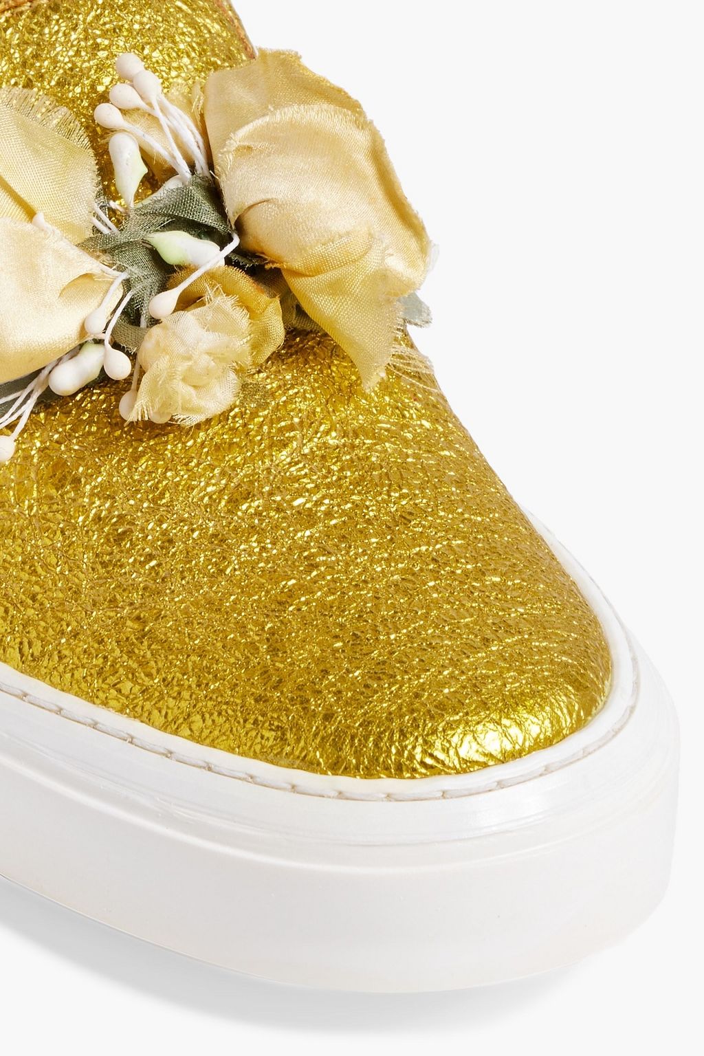 GUCCI Floral-appliquéd metallic cracked-leather slip-on sneakers