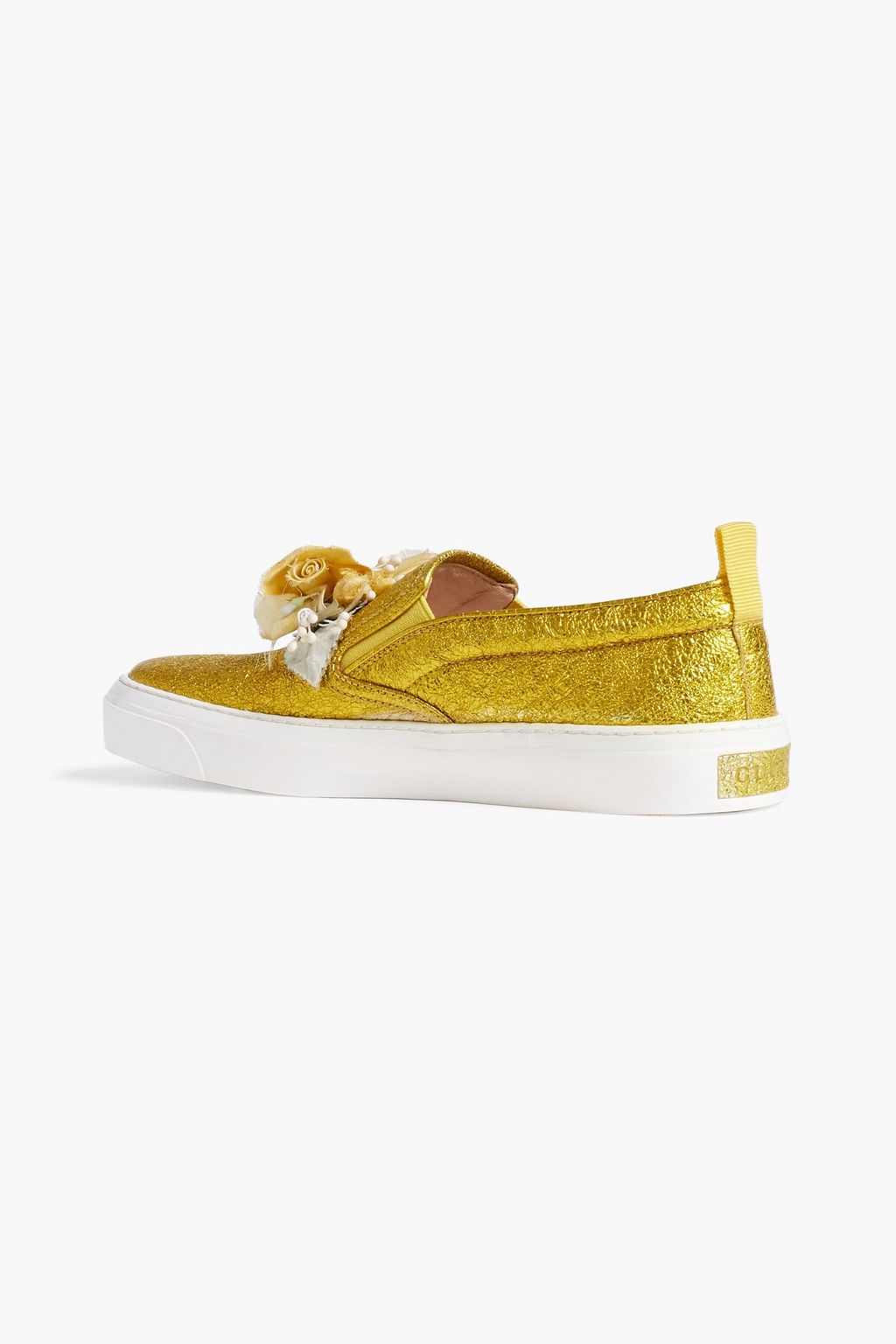 GUCCI Floral-appliquéd metallic cracked-leather slip-on sneakers
