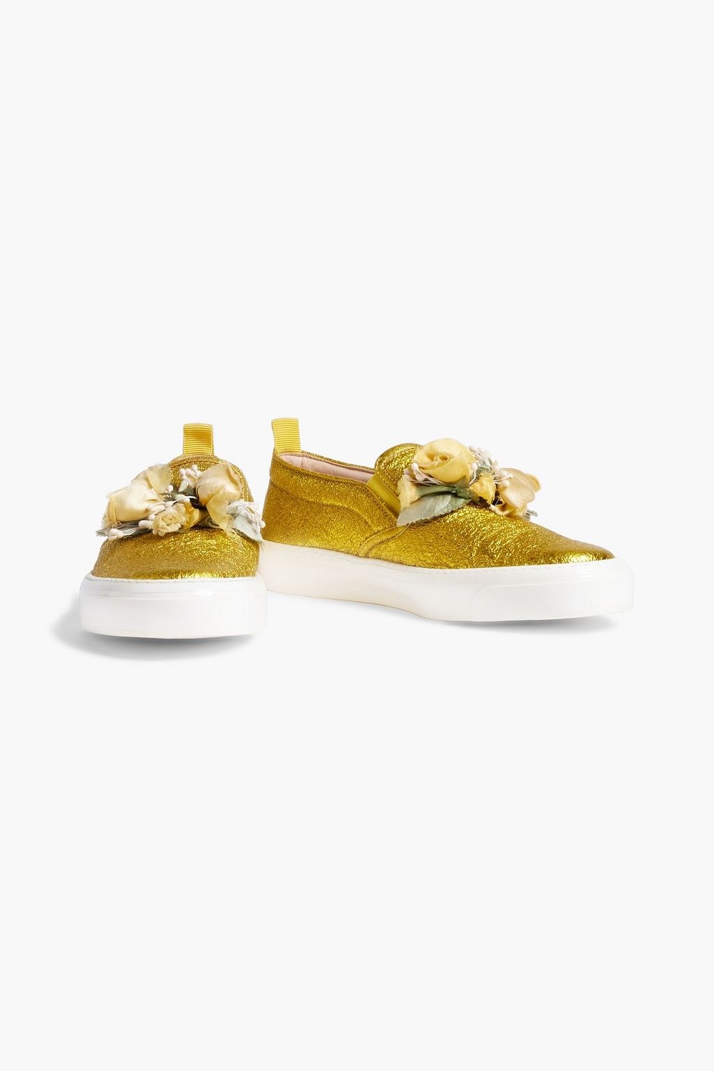 GUCCI Floral-appliquéd metallic cracked-leather slip-on sneakers