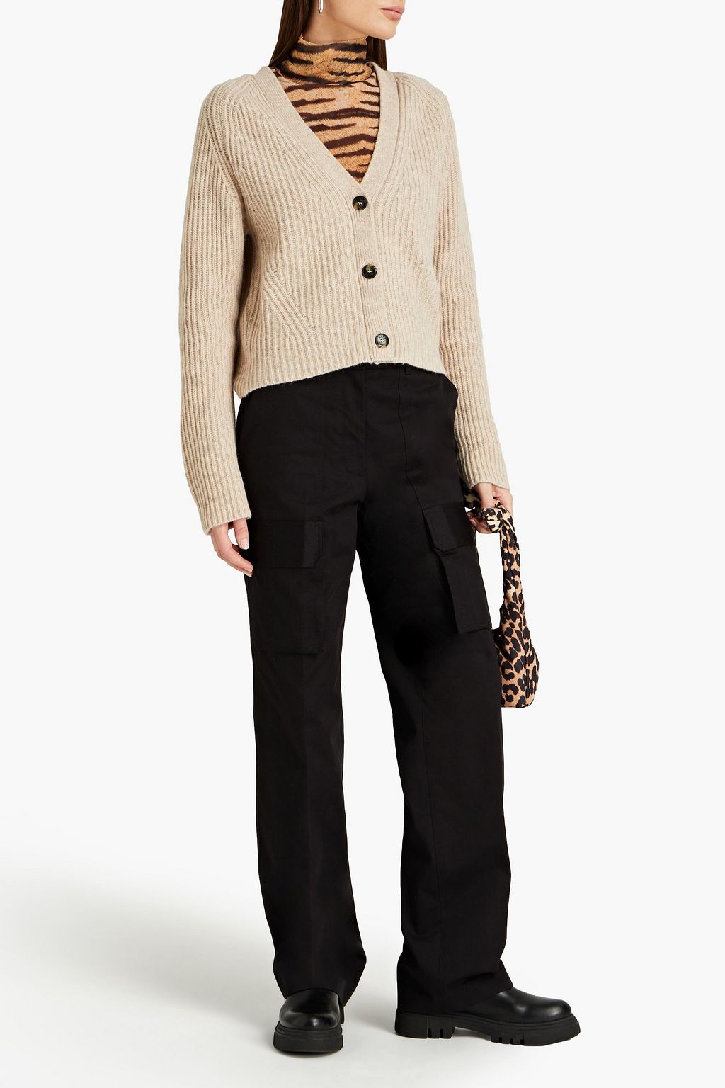 GANNI Ribbed mélange wool-blend cardigan