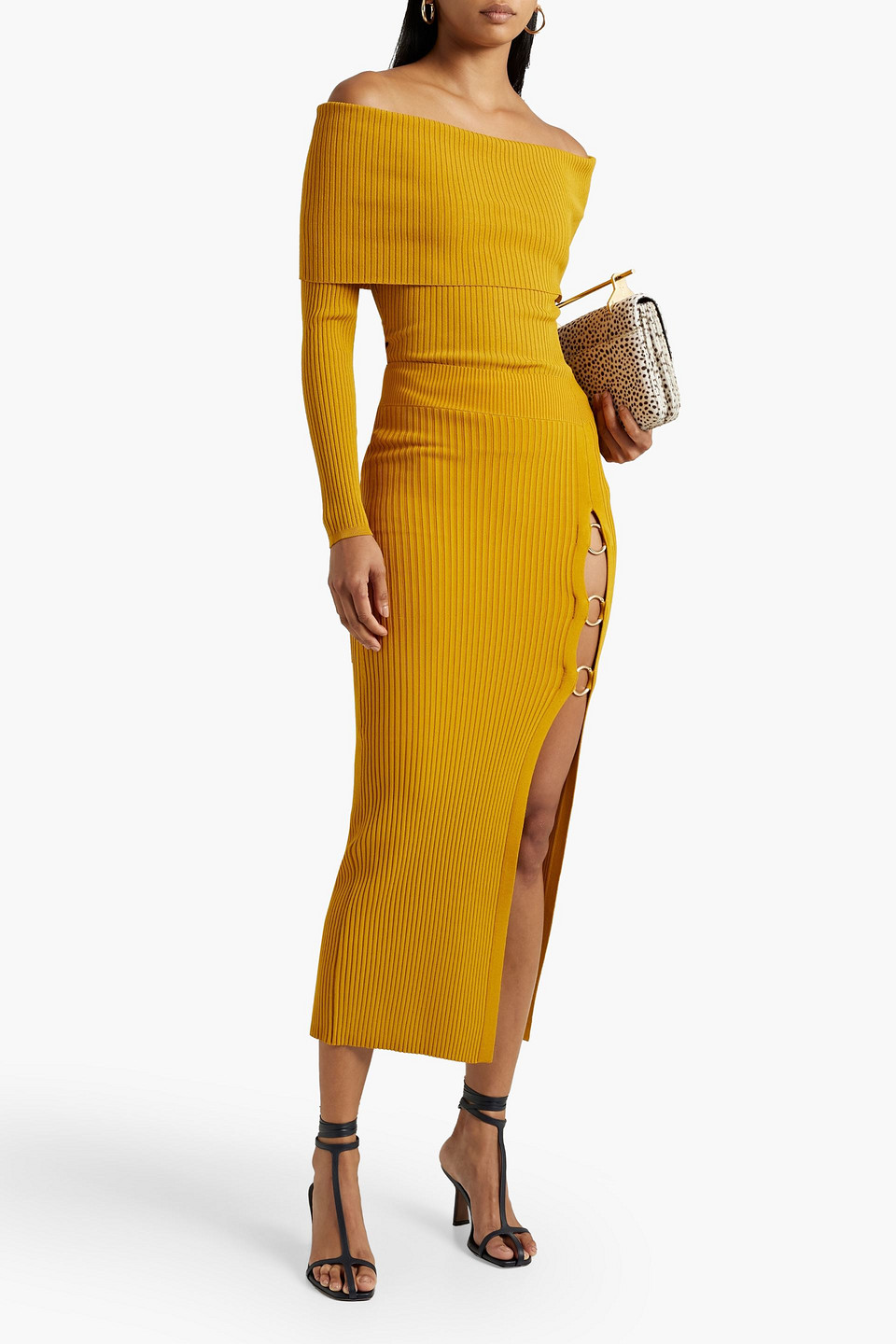 Nicholas Ring-embellished Ribbed-knit Midi Skirt In Marigold