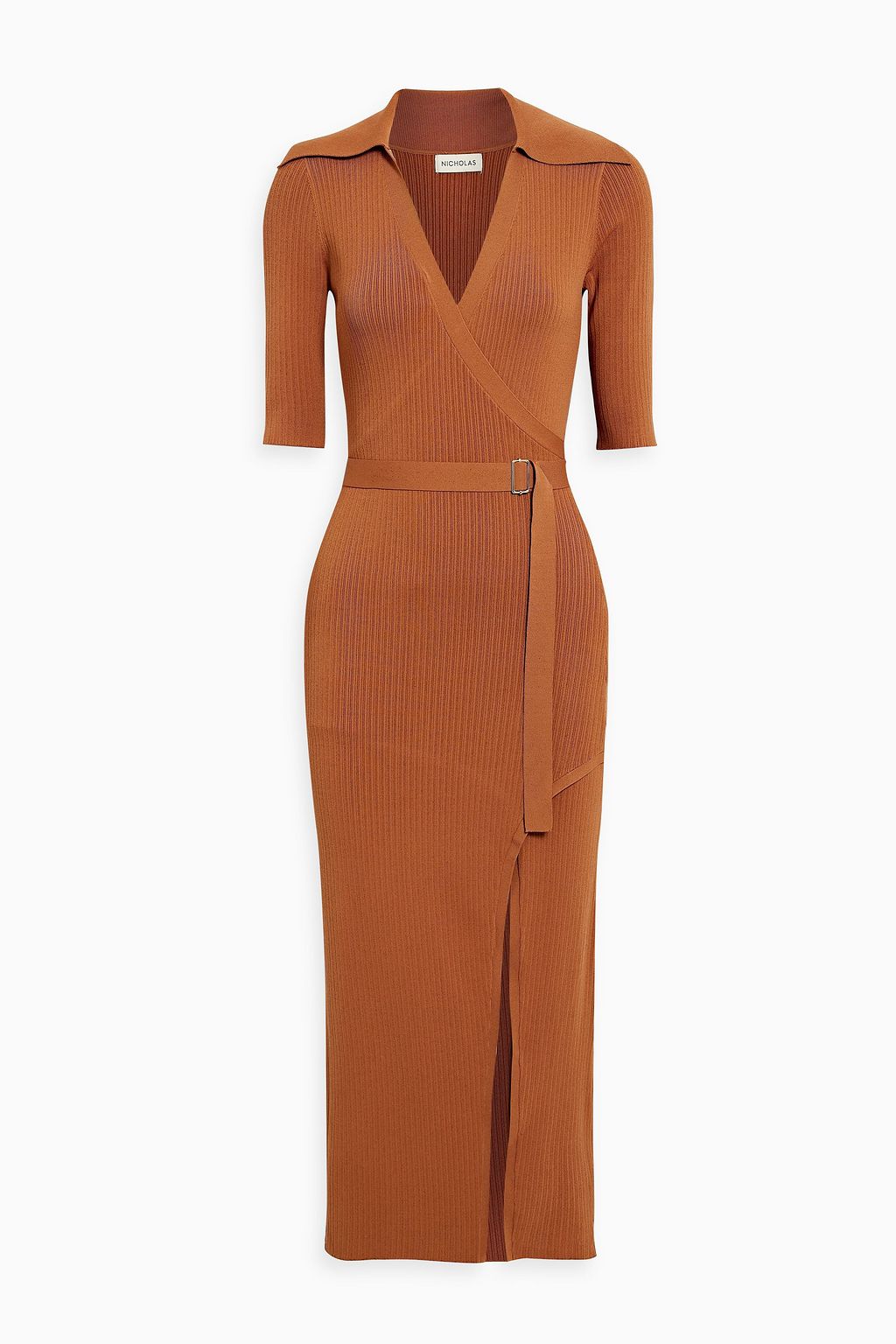 Nicholas - Joanna Belted Wrap-effect Ribbed-knit Midi Dress Brown - M