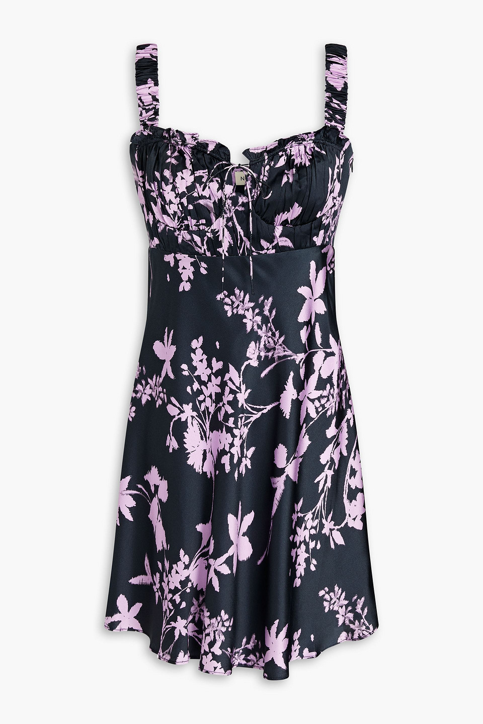 Gathered floral-print silk-satin mini dress