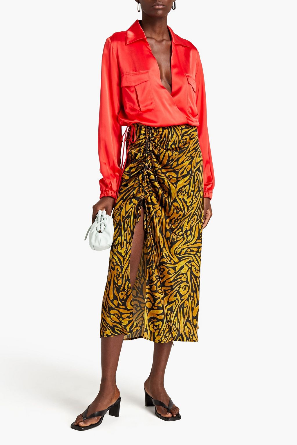 ruched satin midi skirt