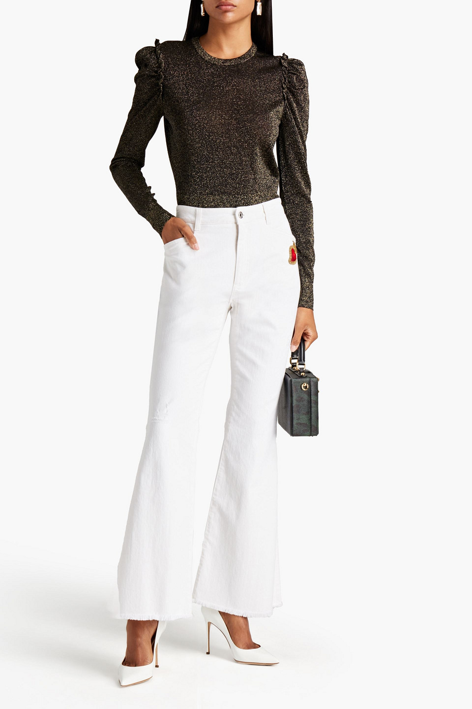 Dolce & Gabbana Appliquéd Distressed High-rise Flared Jeans In White