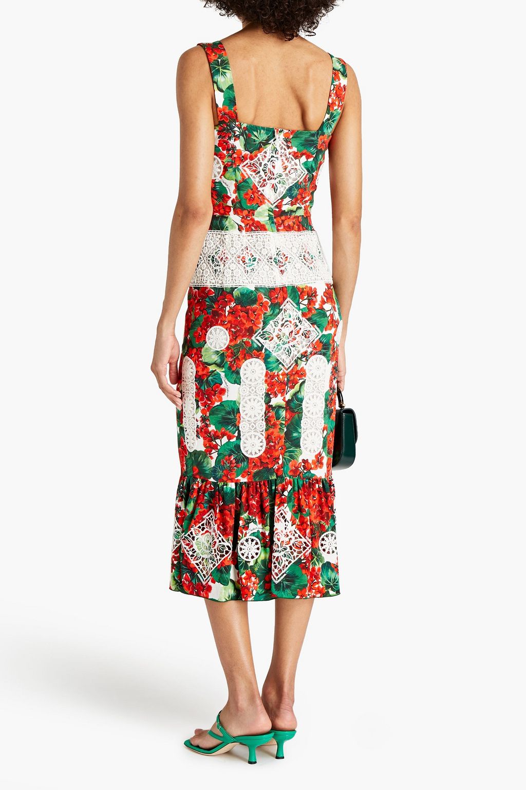 DOLCE&GABBANA Gathered floral-print crochet-paneled crepe midi dress