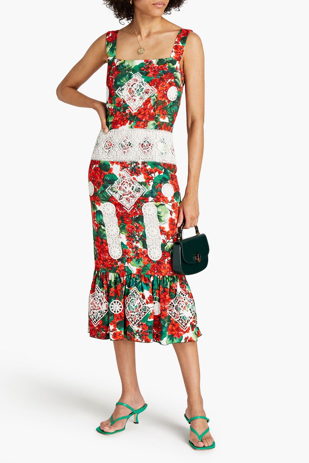 DOLCE&GABBANA Gathered floral-print crochet-paneled crepe midi dress