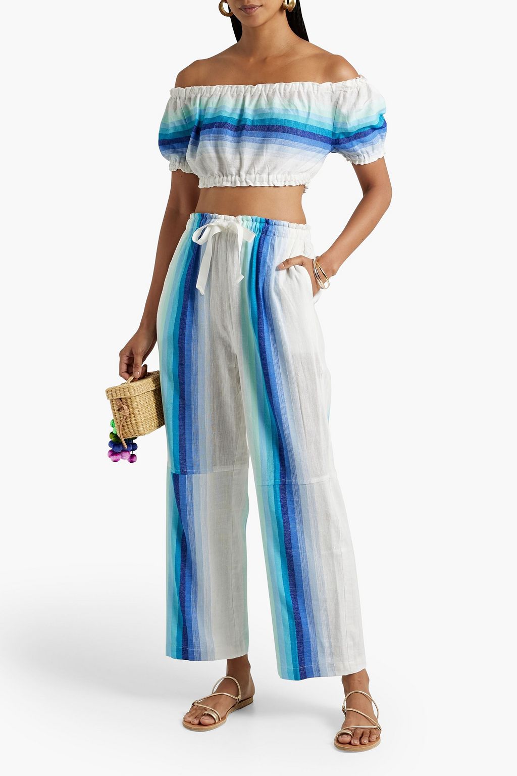 LEMLEM Teref cropped off-the-shoulder striped cotton-blend gauze top