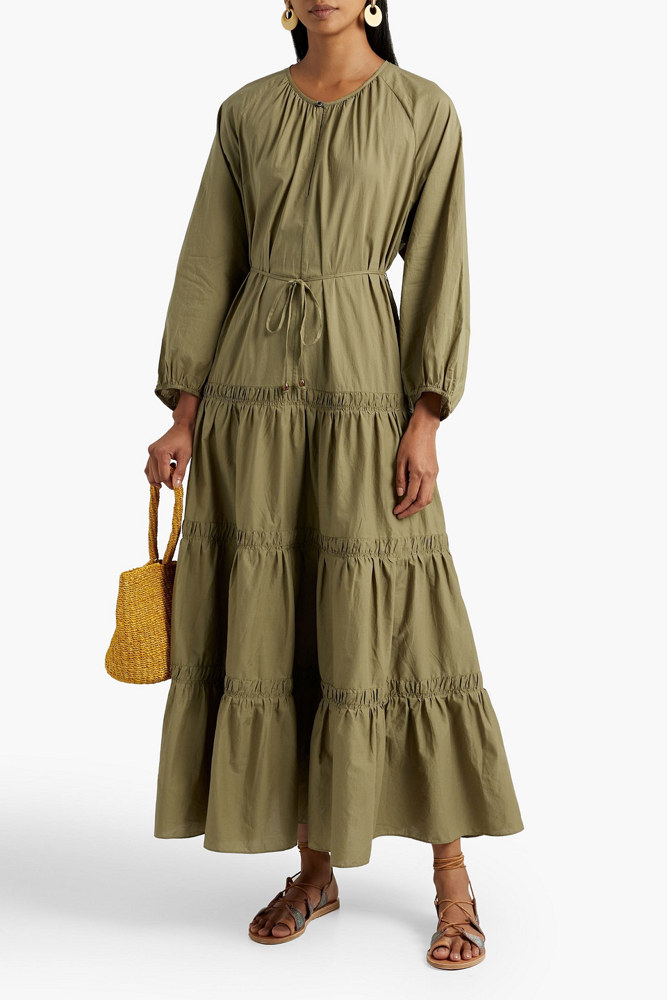 Jets By Jessika Allen Jetset Tiered Cotton-voile Maxi Dress In Army Green