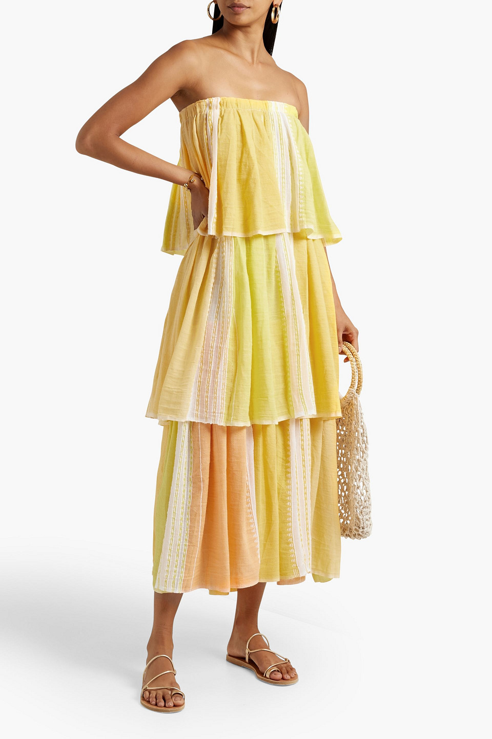 Lemlem Eshal Tiered Cotton-gauze Midi Dress In Yellow