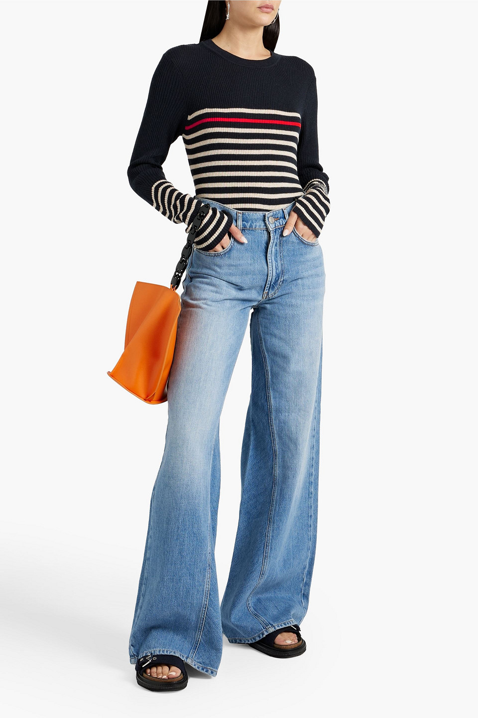 Rag & Bone Kate Striped Ribbed Cotton And Cashmere-blend Sweater In Navy