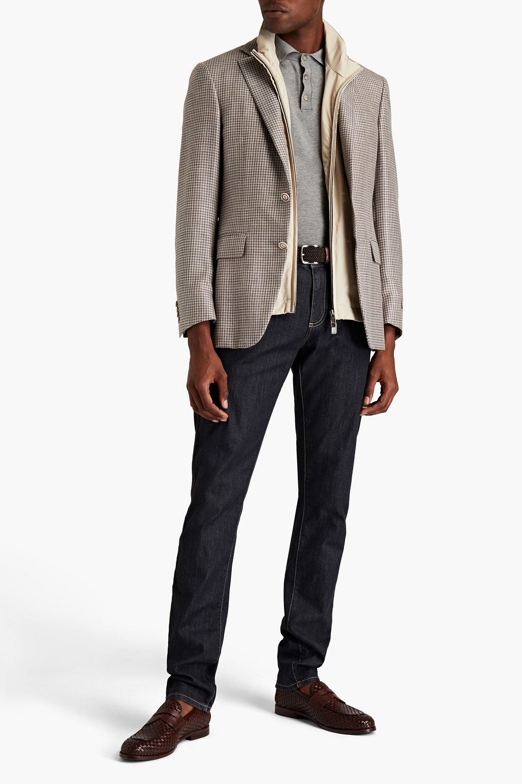 CANALI Houndstooth wool, silk and linen blend blazer