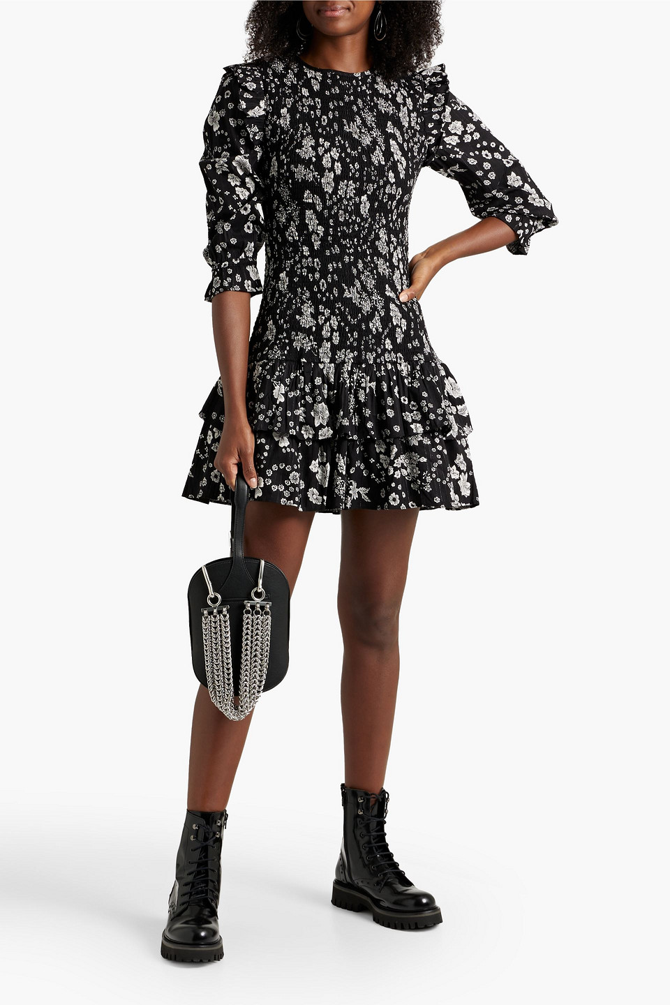 Walter Baker Marisol Smocked Floral-print Voile Mini Dress In Black