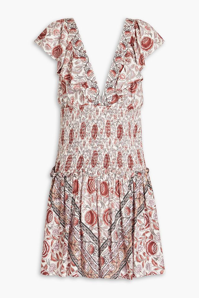 Shirred floral-print crepe mini dress