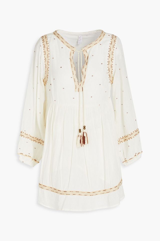 Gathered embroidered cotton-gauze mini dress