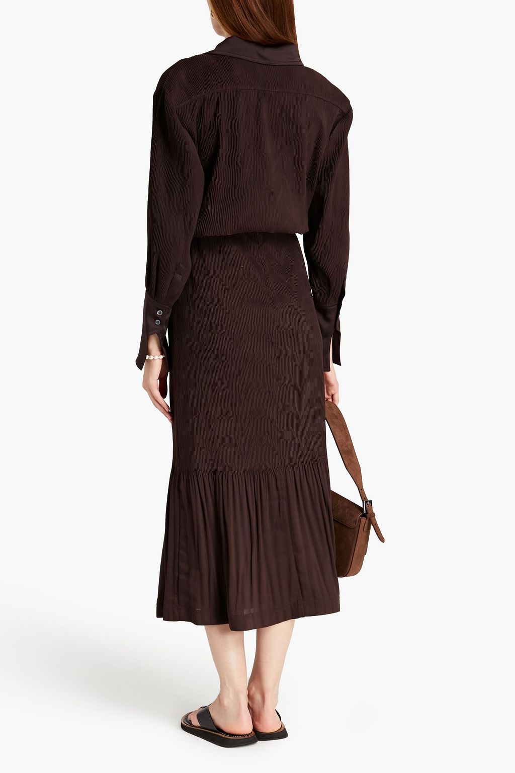 SIMKHAI Satin-trimmed plissé-crepe shirt