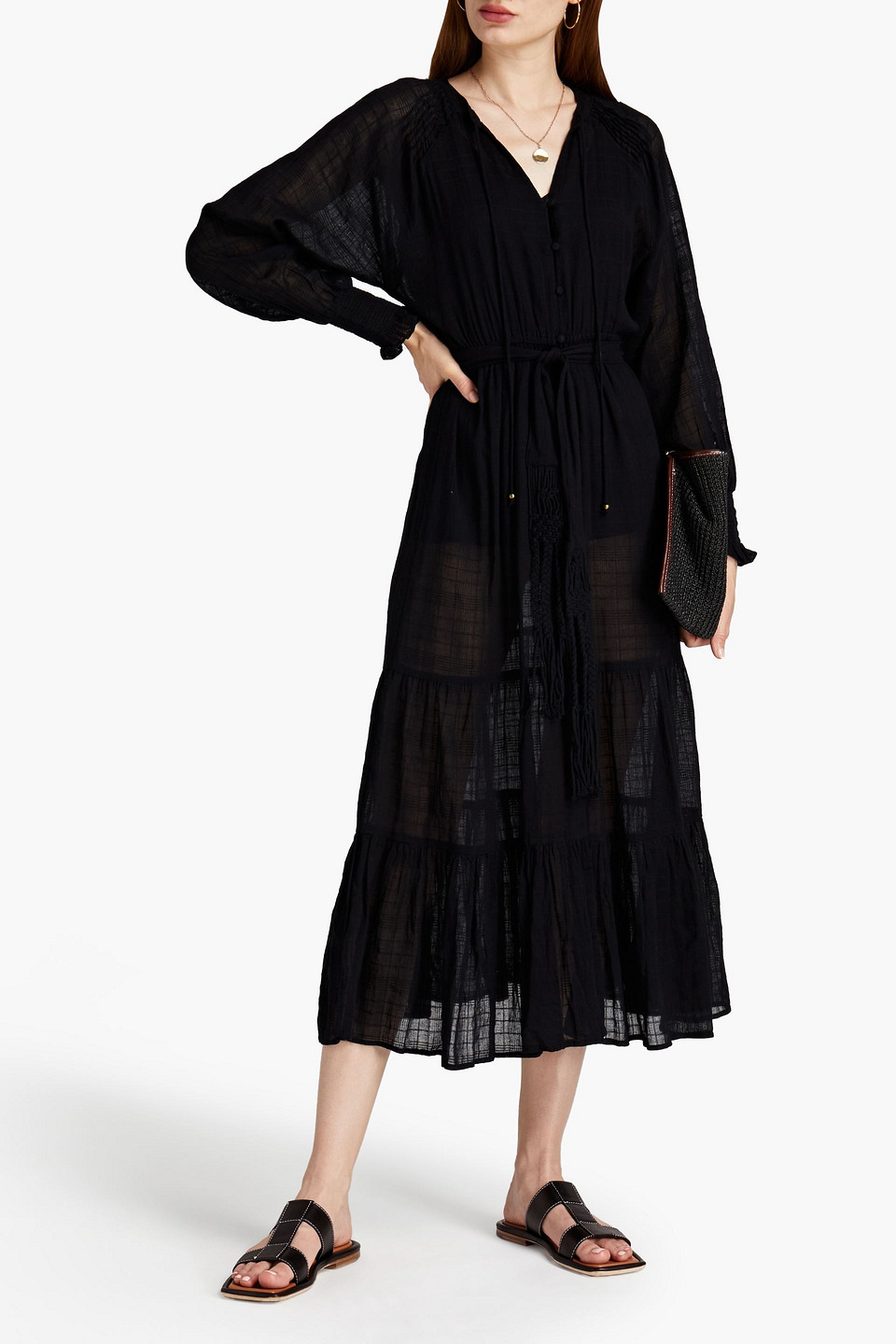 Tigerlily Emine Gathered Cotton-gauze Midi Dress In Black