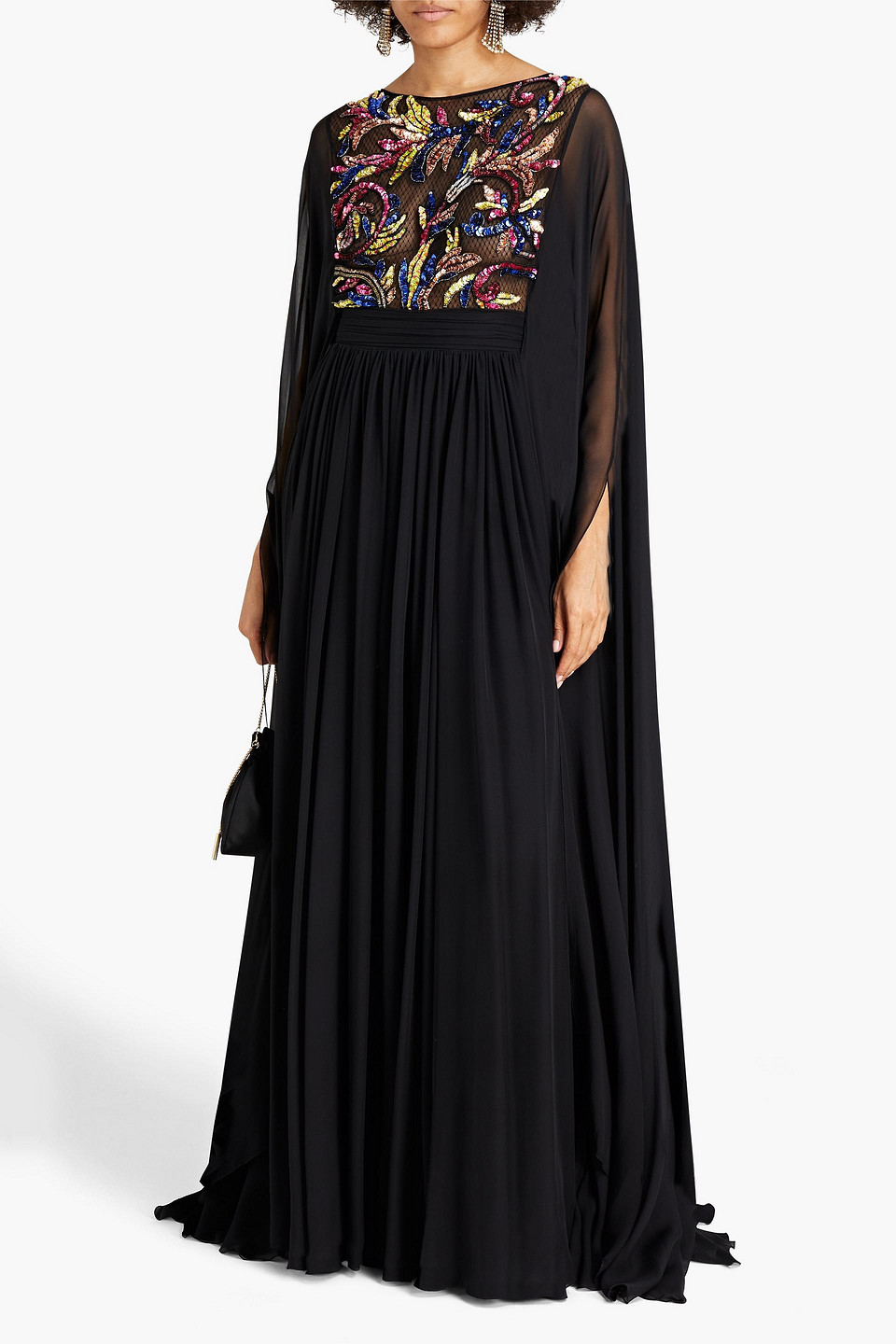 Zuhair Murad Cape-effect Point D'esprit-paneled Embellished Silk-chiffon Gown