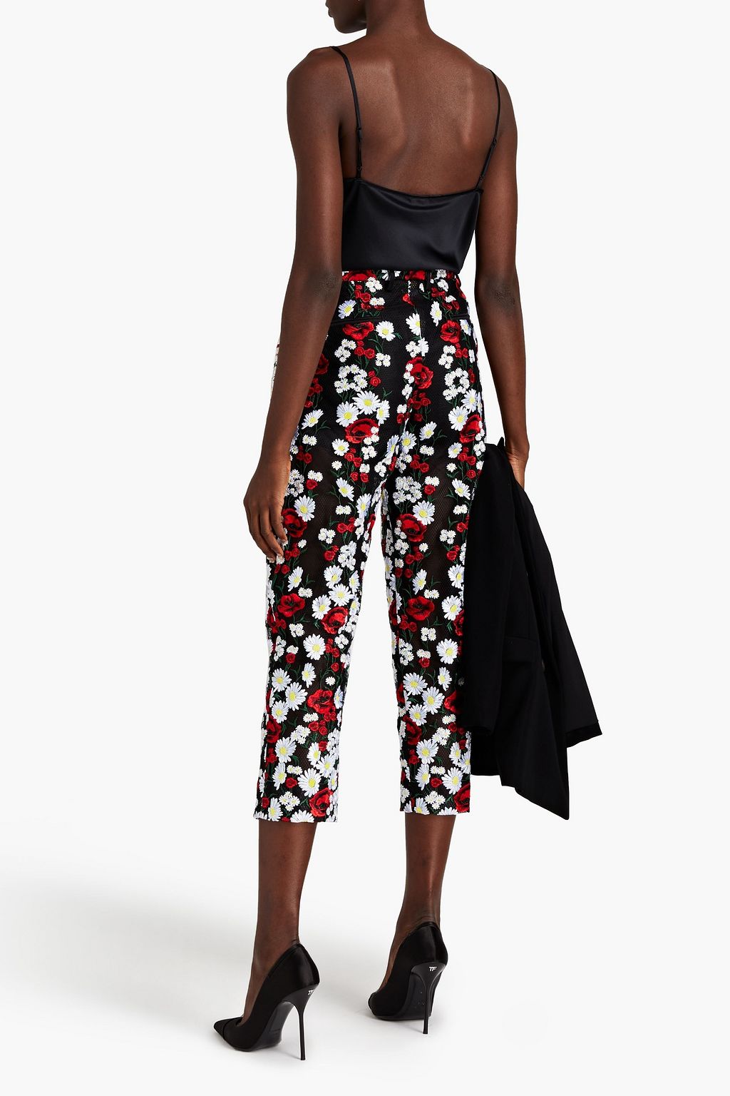 DOLCE & GABBANA Cropped pleated embroidered mesh skinny pants