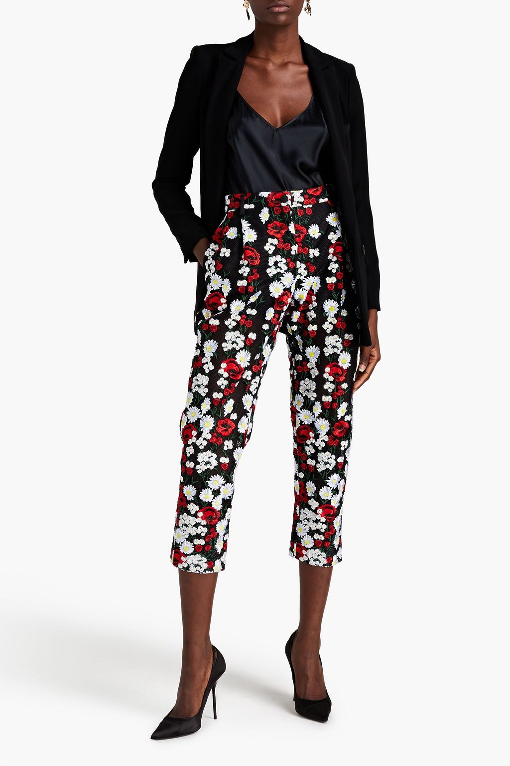 DOLCE & GABBANA Cropped pleated embroidered mesh skinny pants