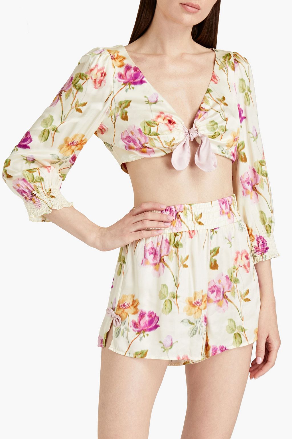 MORGAN LANE Gretchen Lindsay tie-front floral-print satin pajama set
