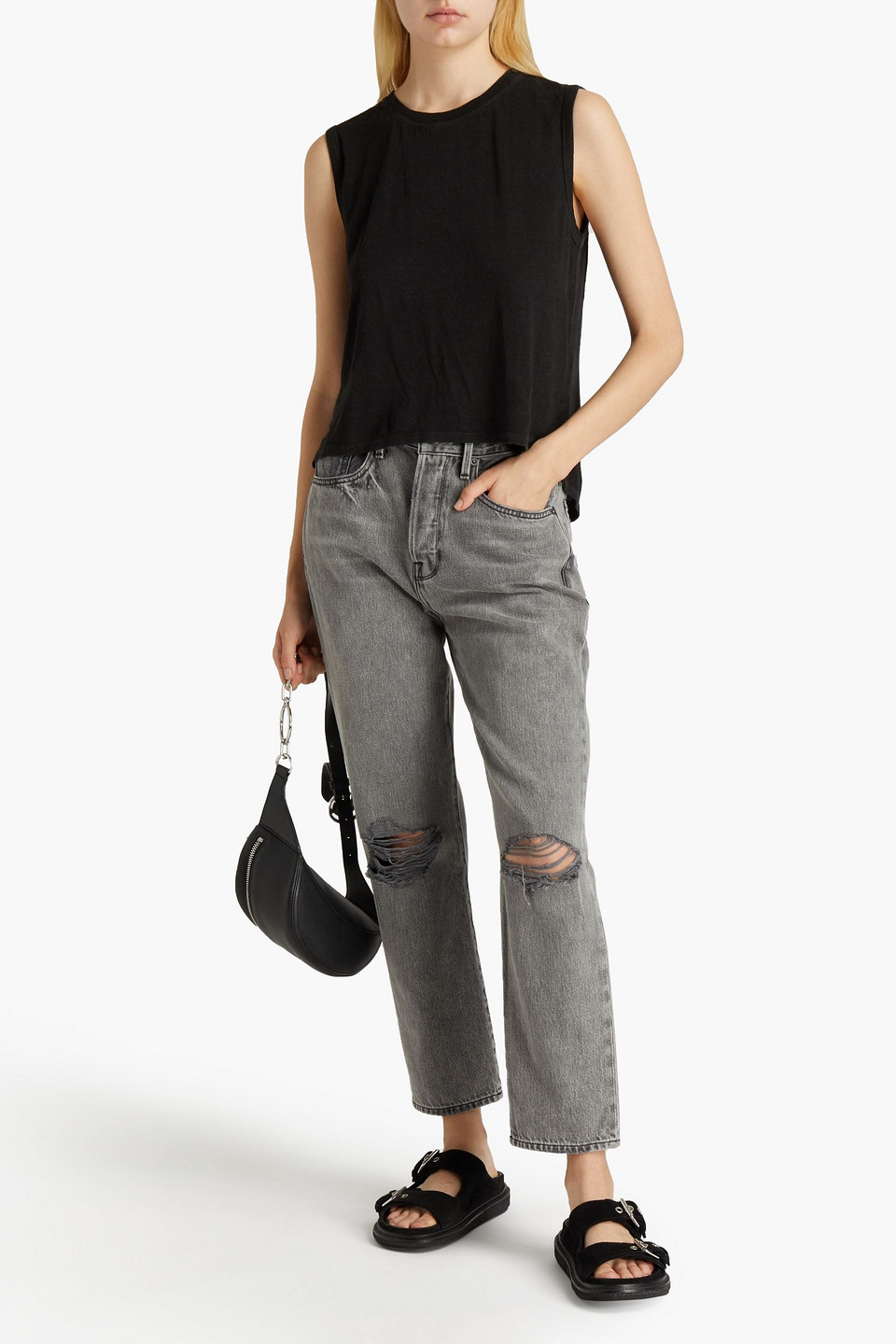 Frame Le Original Cropped Distressed Mid-rise Straight-leg Jeans In Grey