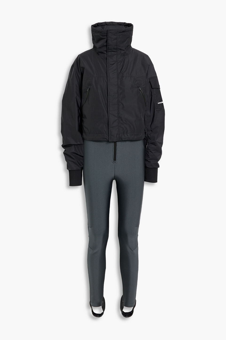 Convertible paneled stirrup ski suit