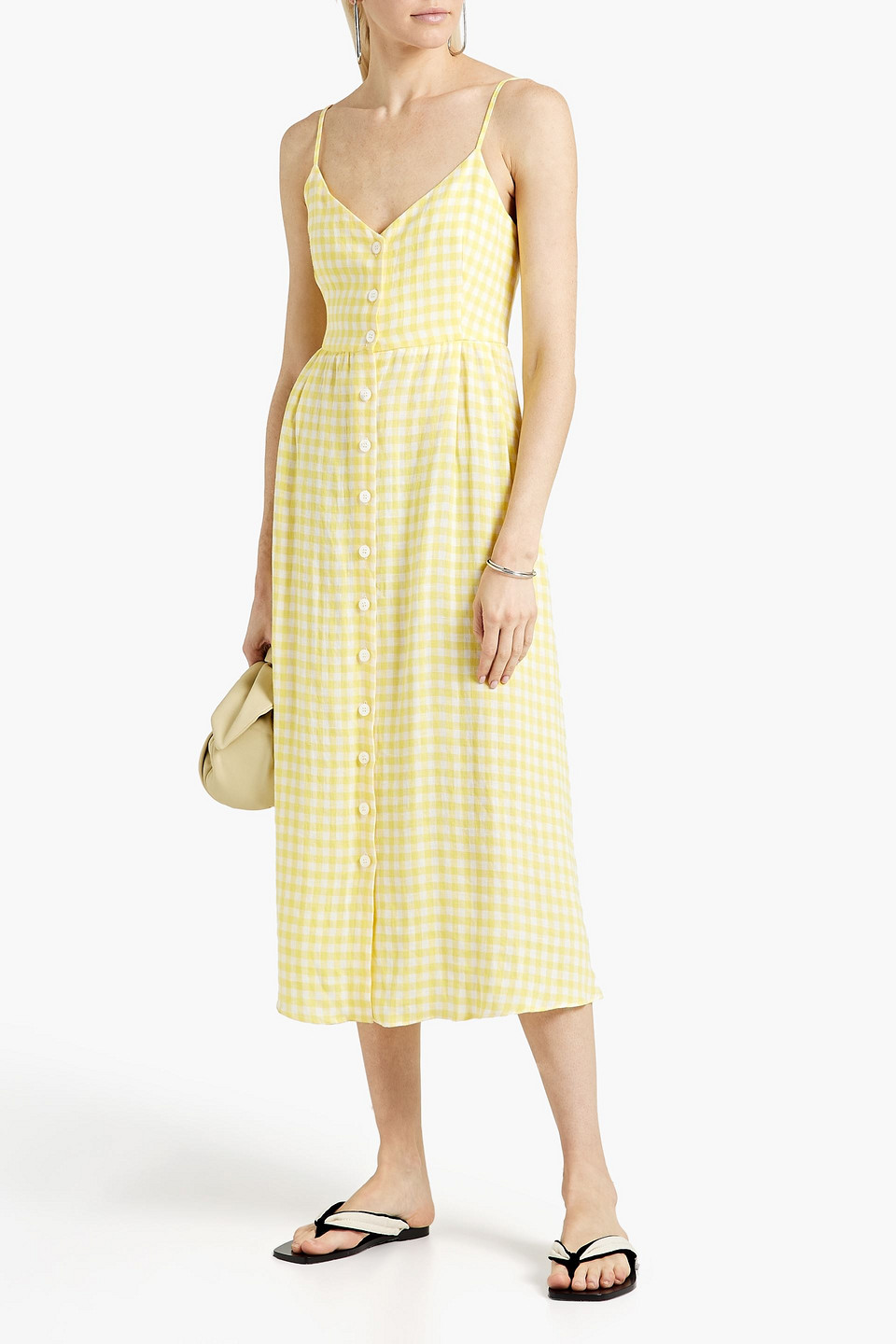 MANSUR GAVRIEL GATHERED GINGHAM LINEN MIDI DRESS 3074457345631702671