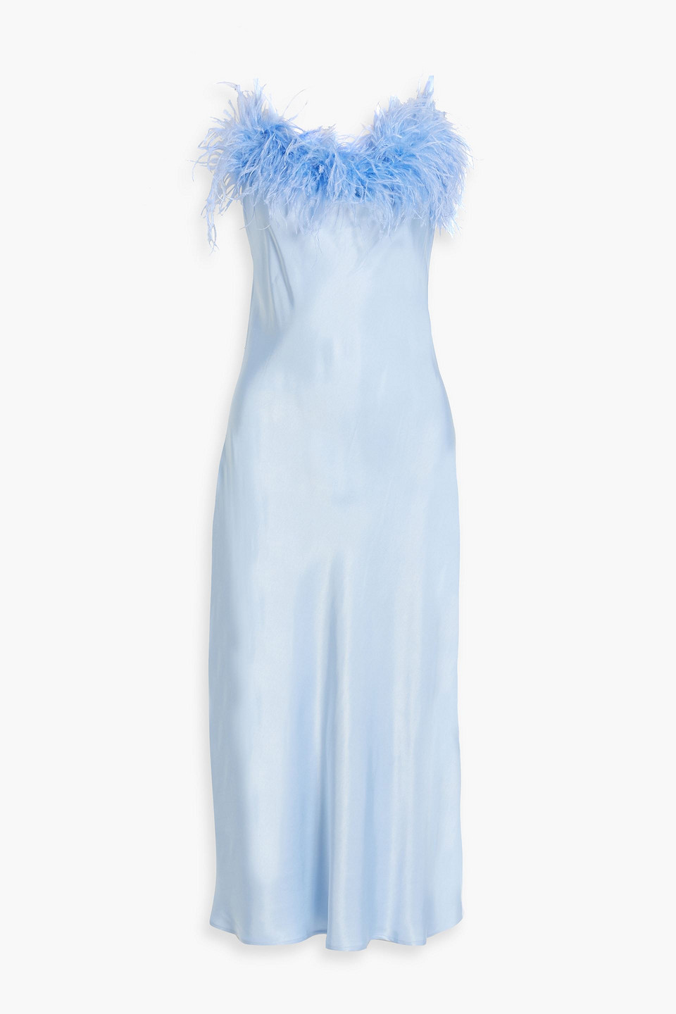 Shop Sleeper Feather-embellished Satin Midi Slip Dress In Light Blue