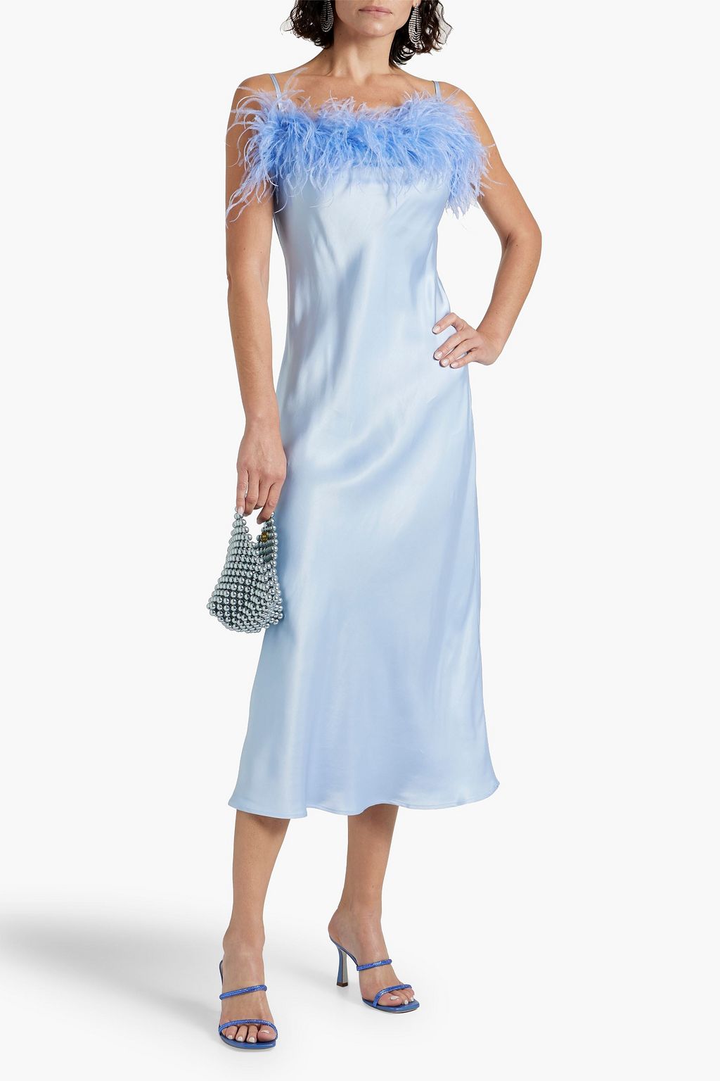 SLEEPER Feather-embellished satin midi slip dress