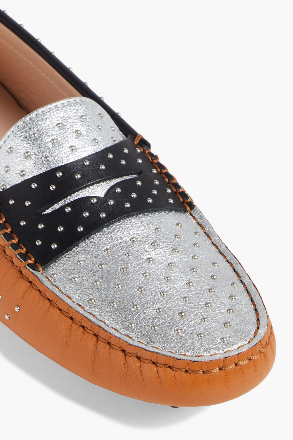 TOD'S Studded metallic smooth and pebbled-leather loafers
