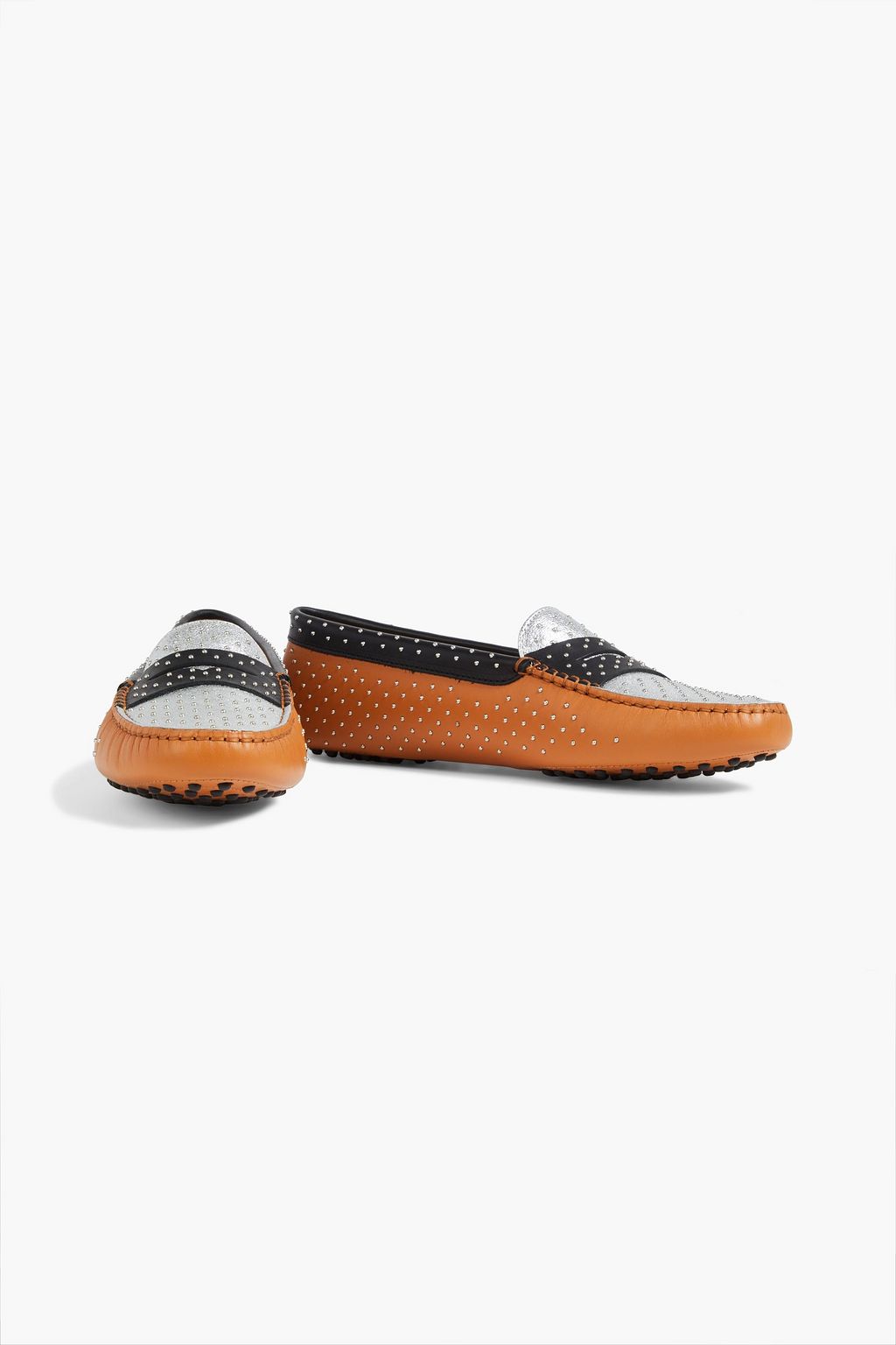 TOD'S Studded metallic smooth and pebbled-leather loafers
