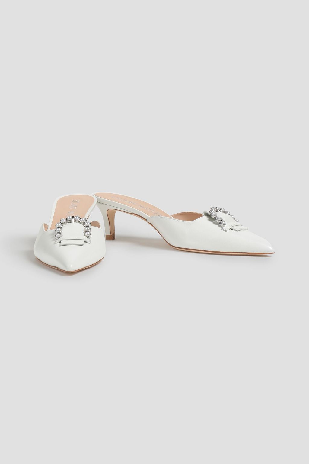 STUART WEITZMAN Pearl Buckle embellished leather mules