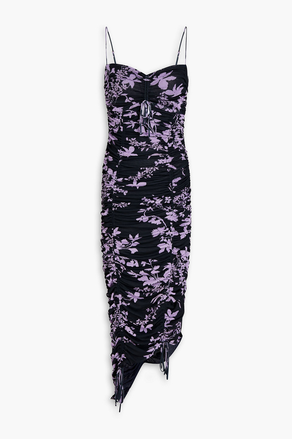 Ruched floral-print stretch-mesh midi dress