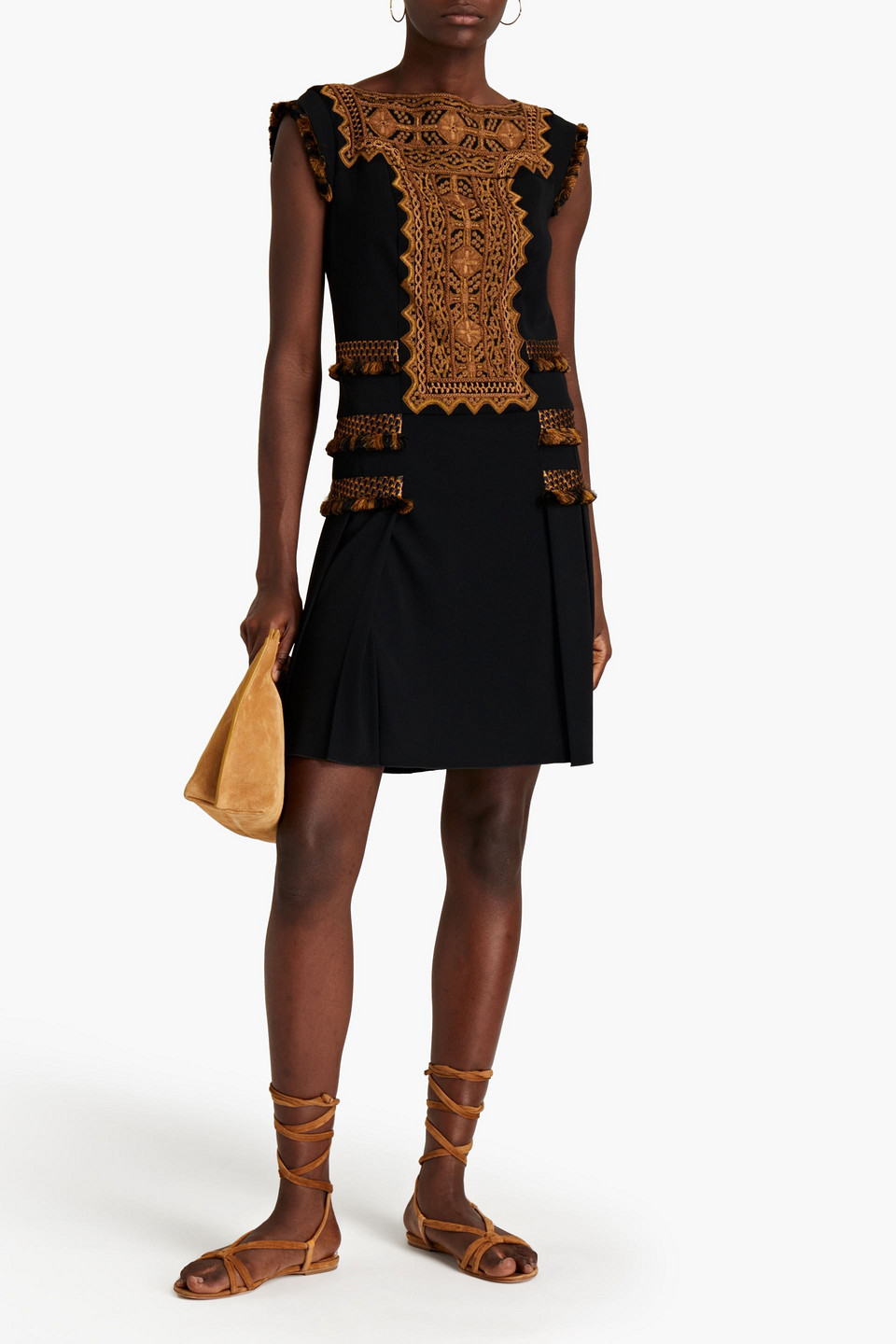Etro Pleated Embroidered Crepe Mini Dress In Black