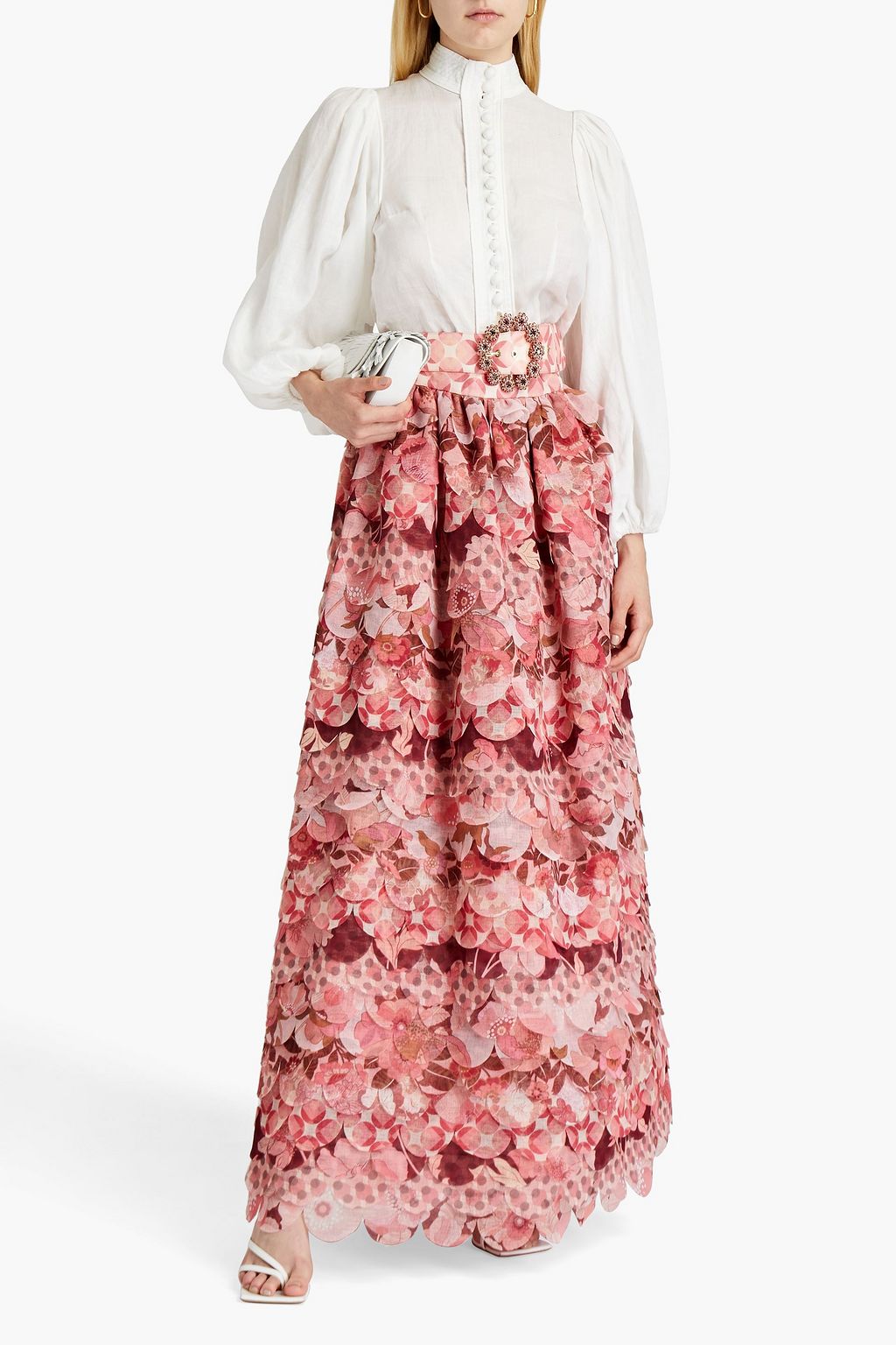 ZIMMERMANN Gestufter Maxirock aus Gaze mit floralem Print und Verzierung