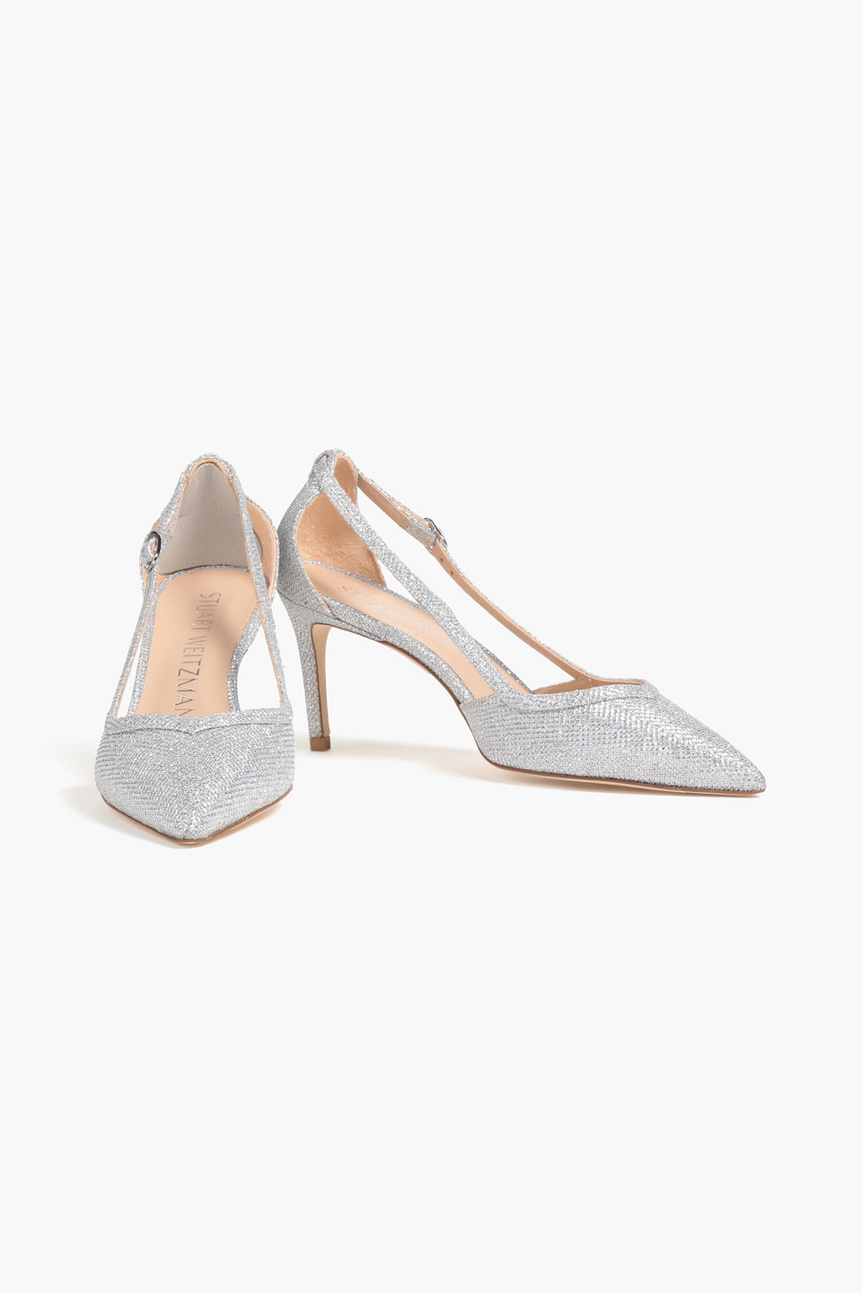 Stuart Weitzman Anny Cutout Glittered Lamé Pumps In Silver