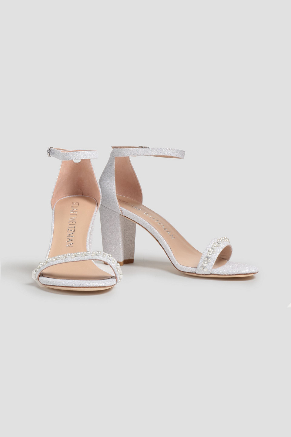 Stuart Weitzman Embellished Glittered Woven Sandals In White