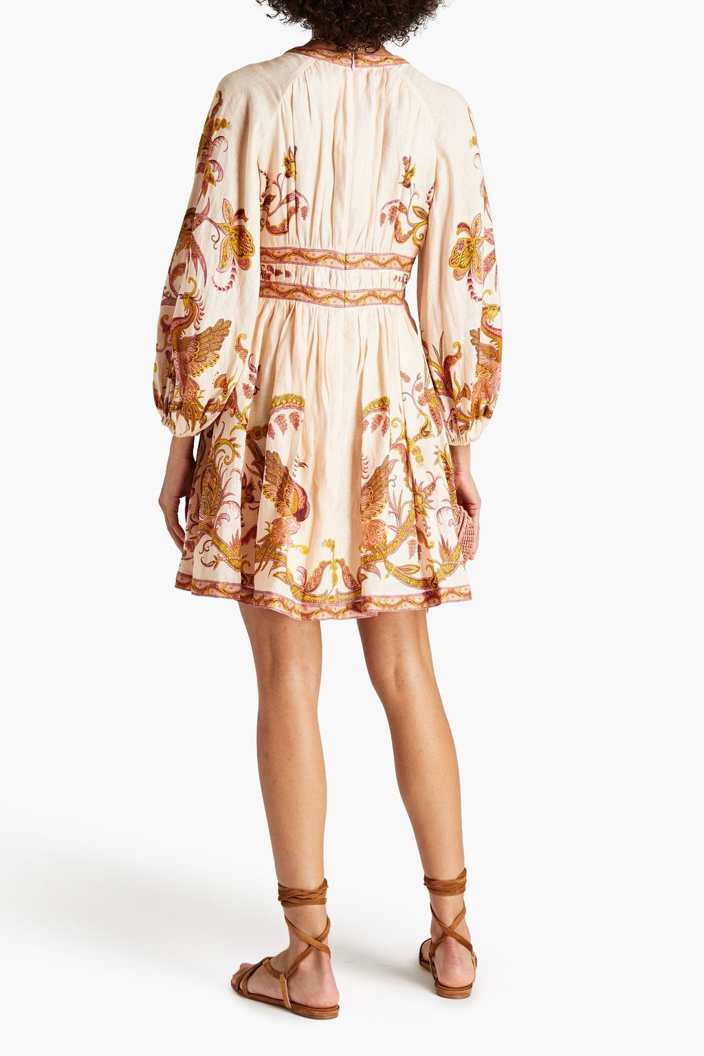 ZIMMERMANN Bow-embellished printed linen-gauze mini dress