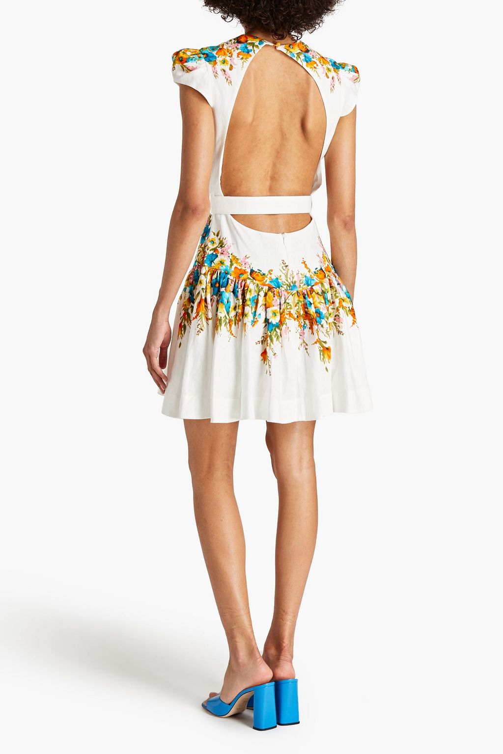 ZIMMERMANN Gathered cutout floral-print linen mini dress