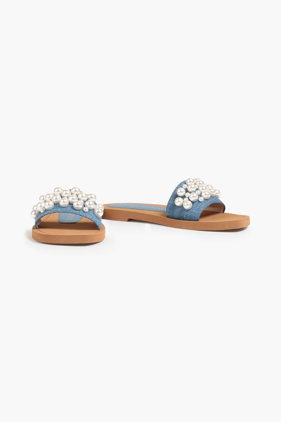 Stuart Weitzman Goldie Faux Pearl-embellished Denim Slides In Blue