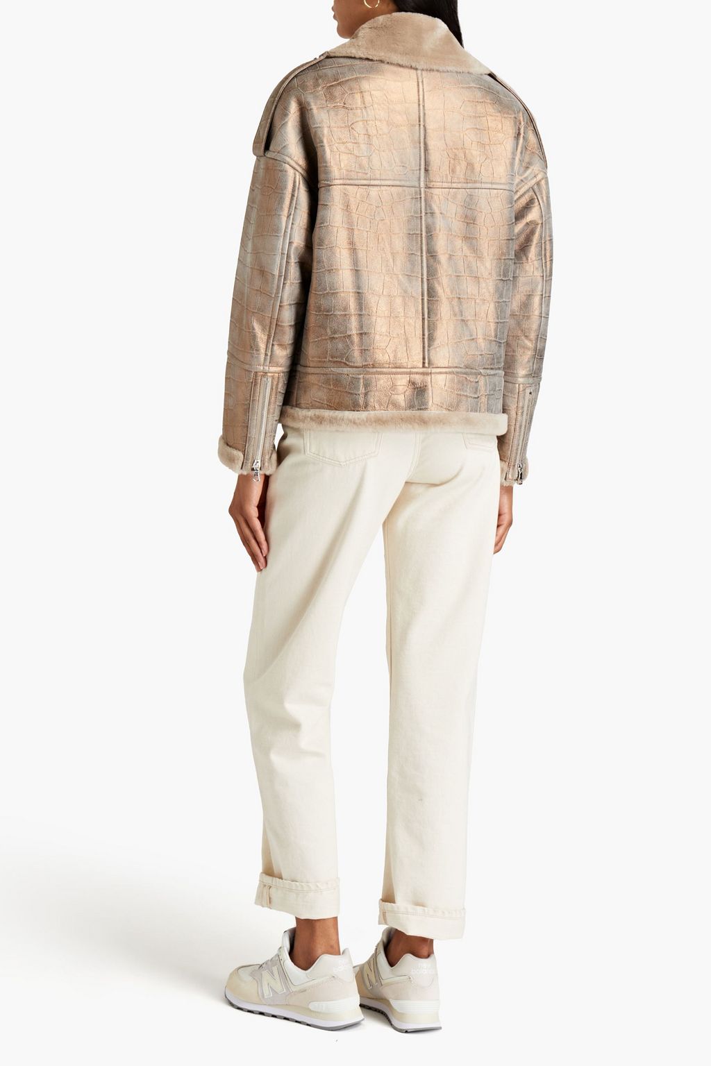 YVES SALOMON Metallic croc-effect shearling biker jacket