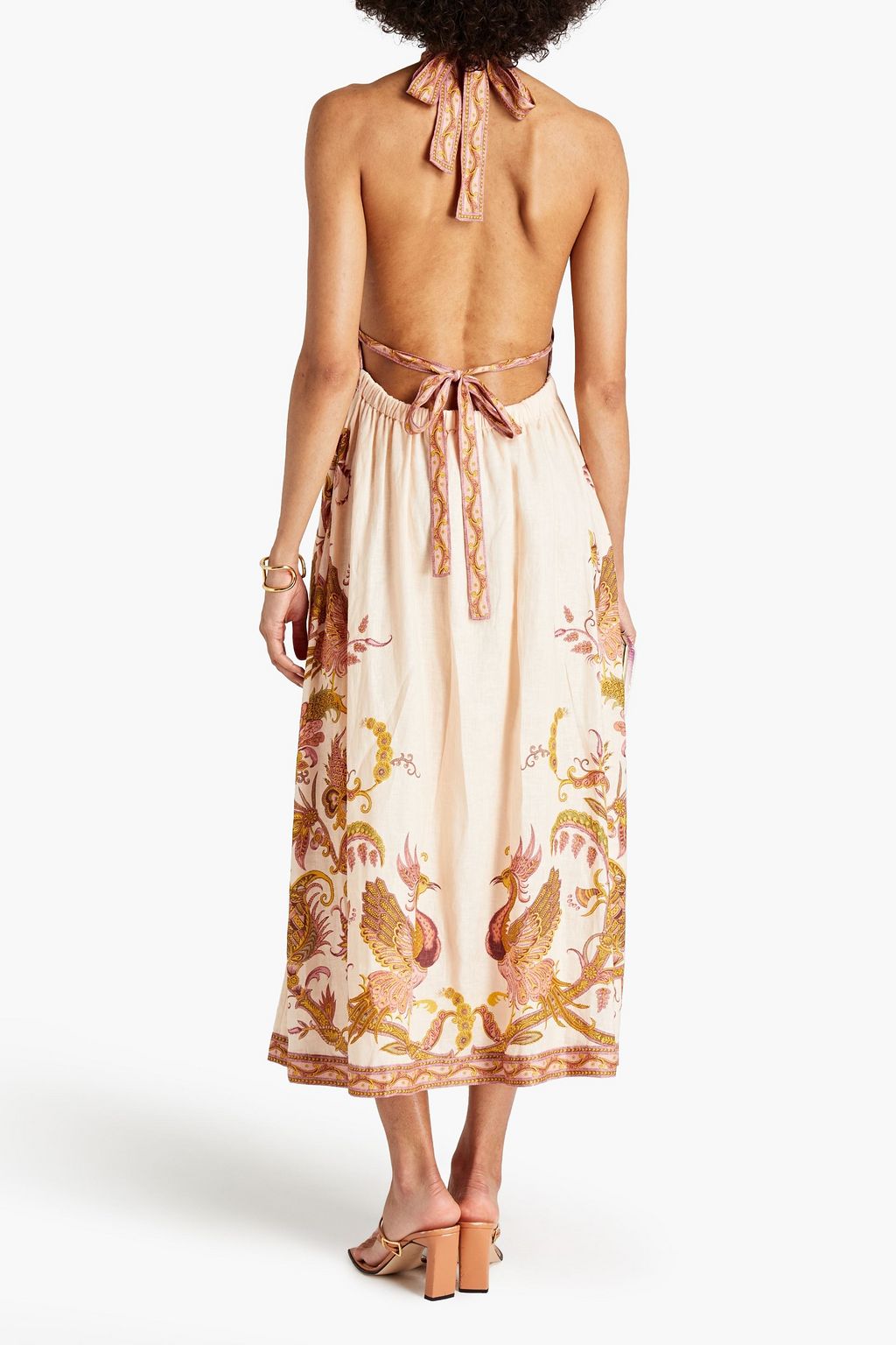 ZIMMERMANN Open-back gathered printed linen-gauze halterneck midi dress