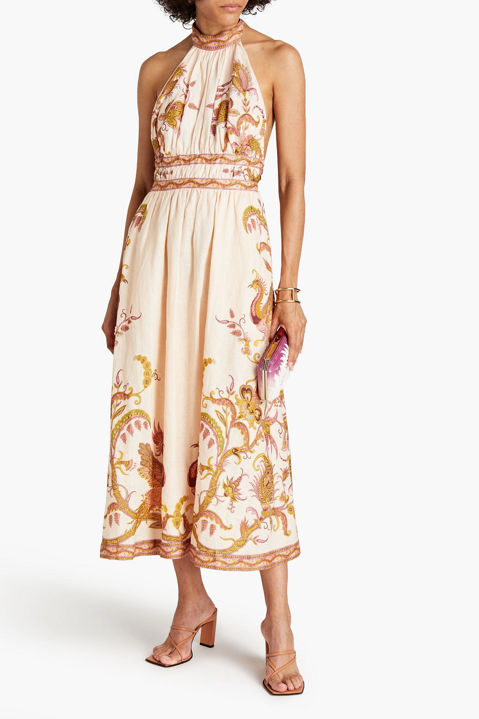 Zimmermann Open-back Gathered Printed Linen-gauze Halterneck Midi Dress In Peach