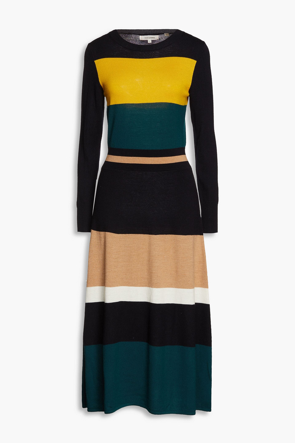 Chinti & Parker Embroidered Striped Merino Wool Midi Dress In Midnight Blue