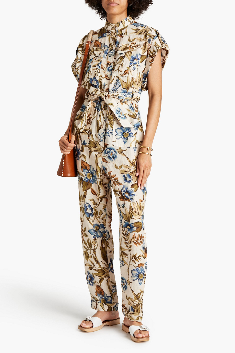 Zimmermann Aliane Gathered Floral-print Linen-canvas Jumpsuit