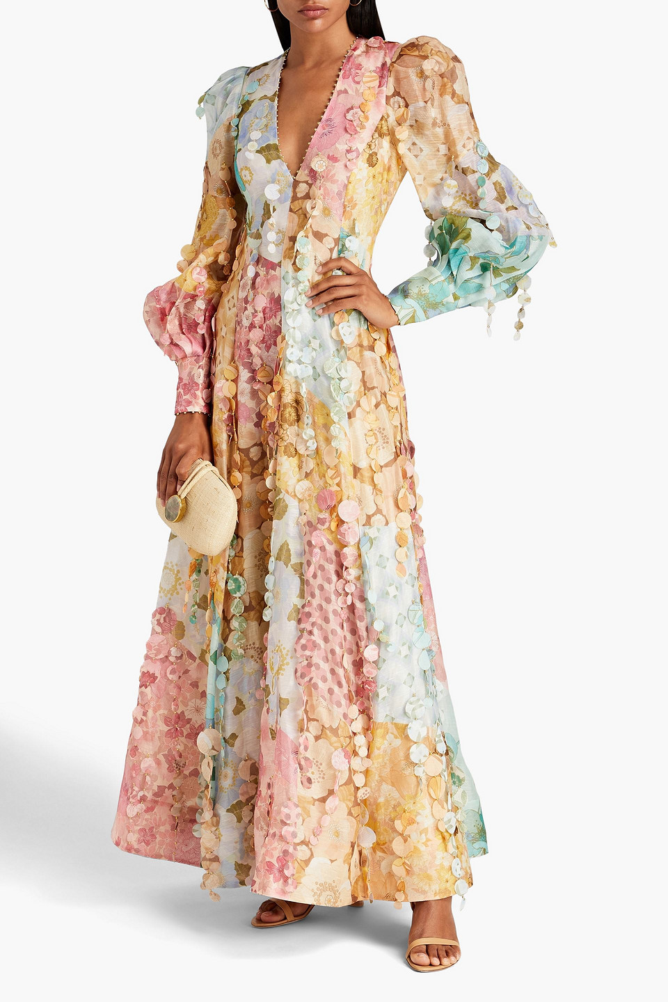Zimmermann Embellished Floral-print Linen And Silk-blend Gauze Maxi Dress In Multicolor